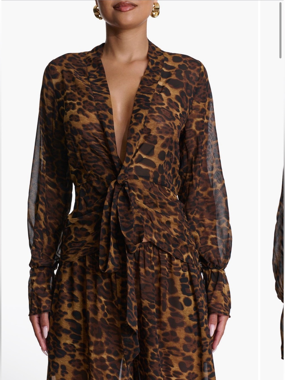 naked wardrobe Leopard Print Plunge Chiffon Long Sleeve Wrap Top Beach Cover up
